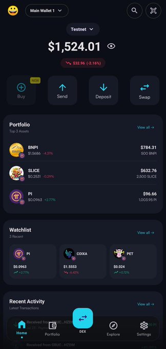 The image displays a Testnet cryptocurrency wallet interface showing a Main Wallet balance of $1,524.01, down $32.96 (-2.16%), with a portfolio featuring top assets BNPI ($784.31), SLICE ($632.76), and PI ($96.66).

The screenshot visually supports the caption by showcasing Pi DEX's testnet functionality, highlighting PI as both a portfolio asset and watchlist item, demonstrating the platform's current capabilities before mainnet launch.