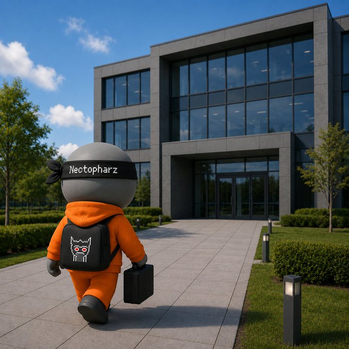 A 3D-rendered character wearing an orange jumpsuit, a backpack with a cat design, and a headband reading "Nectophorz" walks toward a modern glass office building carrying a briefcase.