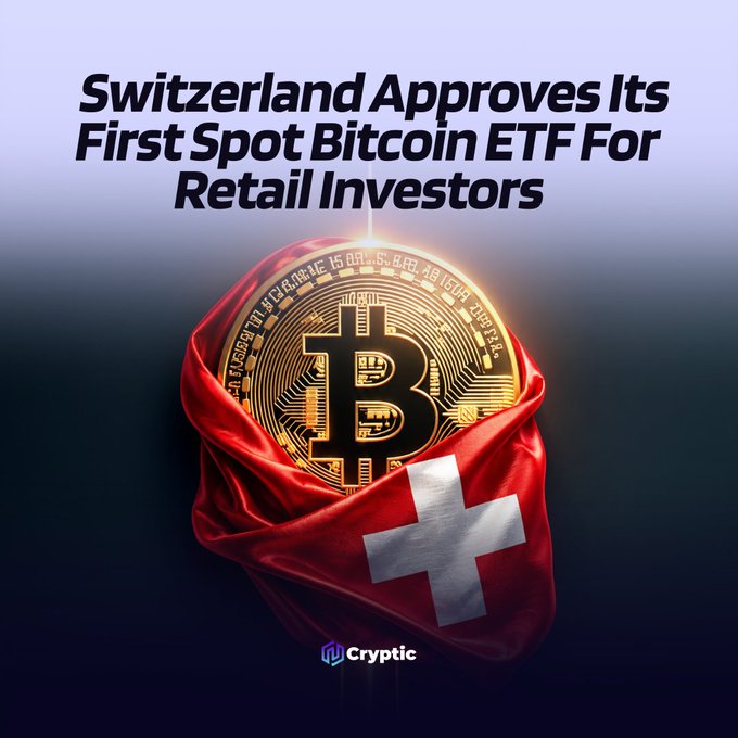 A promotional graphic featuring a golden Bitcoin coin wrapped in the Swiss flag with the headline "Switzerland Approves Its First Spot Bitcoin ETF For Retail Investors" alongside the "Cryptic" logo, visually announcing FINMA's regulatory approval for retail-accessible spot Bitcoin exposure under Swiss fund law.