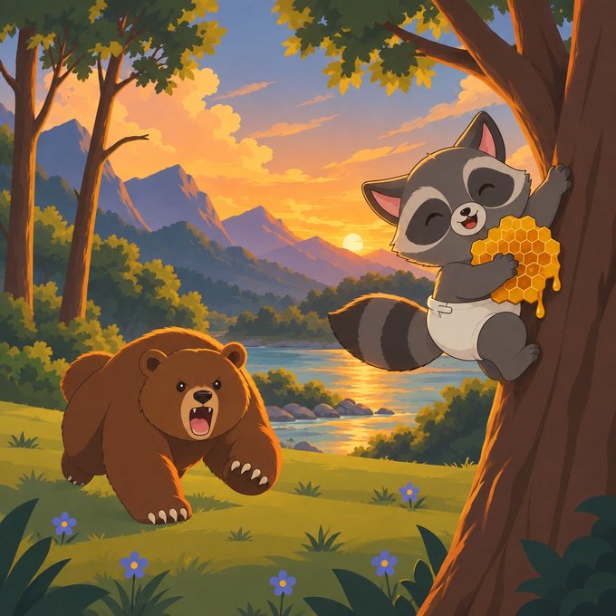 An illustrated scene of a cartoon brown bear running toward a raccoon climbing a tree holding a honeycomb, set against a sunset mountain and lake landscape.