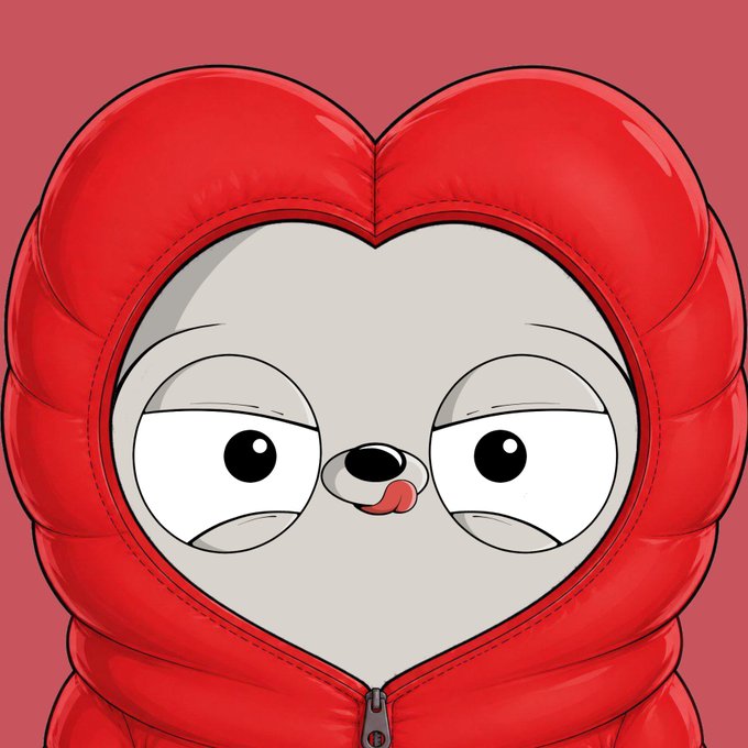 A cartoon character with a tired expression wearing a red puffy heart-shaped hooded jacket against a pink background.