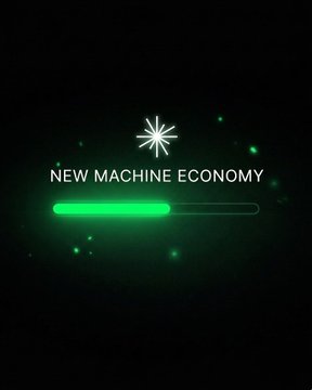 A futuristic loading screen displays the text "NEW MACHINE ECONOMY" with a partially filled green progress bar against a dark background, visually symbolizing the emerging and ongoing development of AI-driven economies. The image aligns with the post's theme by highlighting an often-overlooked aspect of the Base ecosystem—the data production needed to train robots and AI agents.