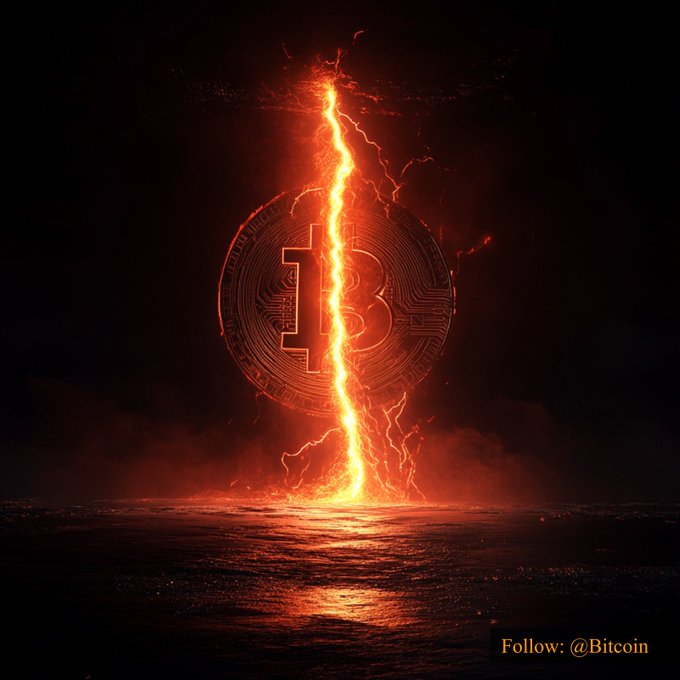 A fiery lightning bolt strikes through a glowing orange Bitcoin symbol against a dark, dramatic background, with the text "Follow: @Bitcoin" displayed in the corner. The image's electrified depiction of Bitcoin aligns with the post referencing "$0.22 #HookedBitcoin," visually emphasizing Bitcoin's powerful, attention-grabbing energy while seemingly promoting a related token or claim.