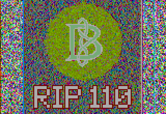 A pixelated, glitch-art style image displays "BIP 110" in bold text beneath an ornate green "B" monogram on a yellow background, surrounded by heavy chromatic noise. The image humorously visualizes how BIP-110—Bitcoin's controversial proposal to restrict node operation—has become so disruptive to Bitcoin Core's functionality that it's essentially "corrupted" the network's output, turning the logo itself into chaotic noise.