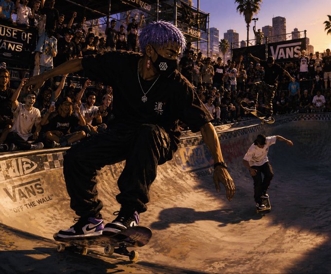 A skateboarder with purple hair wearing a black face mask performs a trick on a ramp at a Vans 'Off The Wall' skate event while a crowd watches.