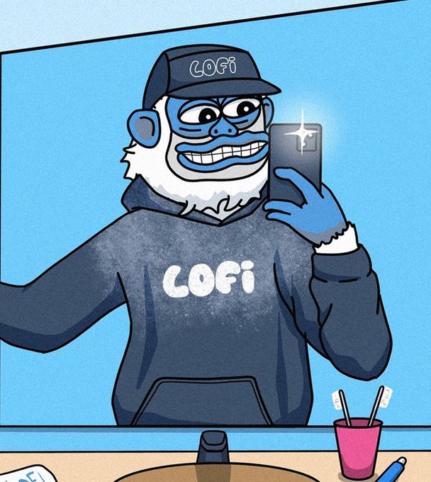 An illustration of a blue monkey character wearing a dark hoodie and cap, both branded with "LOFi," taking a mirror selfie with a smartphone at a desk with a cup of pens.