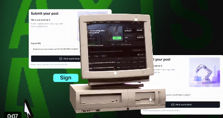 A 3D-rendered graphic displays a vintage computer monitor alongside submission forms with 'Submit your post' and 'Sign' buttons.