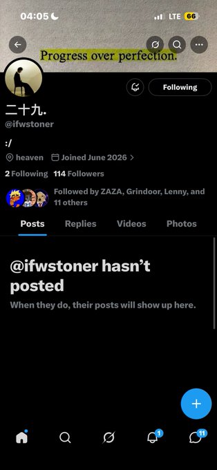 The image shows a Twitter/X profile for "二十九." (@ifwstoner) with the bio ":/", joined June 2026, displaying 2 Following and 114 Followers, and a bio line reading "Progress over perfection." The accompanying post shares a Solana-style wallet address along with "Thank you," suggesting the profile is being shared in connection with a crypto tip or transaction request.