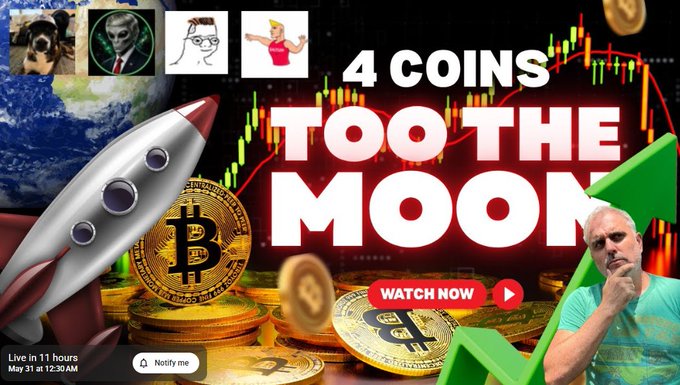 The image features a poster for a video titled "Four Coins Too The Moon" with an animated rocket ship, a green arrow pointing upwards, and various coins scattered around the scene. A man wearing glasses is also present in the image. The poster includes text that reads "Make sure you watch this stream from @Apetopiacrypto tonight. He will be talking about some coins with great potential that include some of my favorites like $DISCLOSURE, $ZOOMER and $.ALTSZN Don'T miss this."