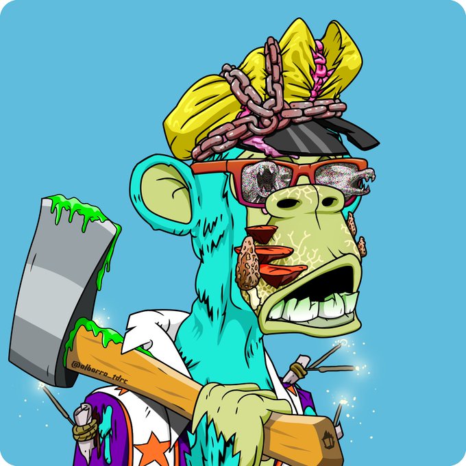 A biker-style cartoon illustration of a blue Bored Ape character with a laser beam visor, mouth agape, holding a hammer and wrench, wearing chains and a yellow bundle, signed by @albarra_tdcc.