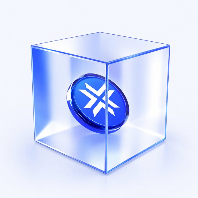 A blue circular token featuring the LCX logo (a stylized "X") sits suspended inside a transparent glass cube on a white surface. The image visually represents the post's message about the $LCX Token's role within the LCX ecosystem, symbolizing both containment and the potential for further development.