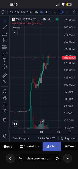 A candlestick chart from dexscreener.com shows CASH/USDT (WET) trading on a 4-hour timeframe with a market cap of 193.87M, having surged from around 100M to peak near 200M before pulling back 4.11% in the past 4 hours. The chart illustrates the trader's reference to $CASHCAT hitting the 200M market cap milestone, with visible volume spikes highlighting the volatile rally.