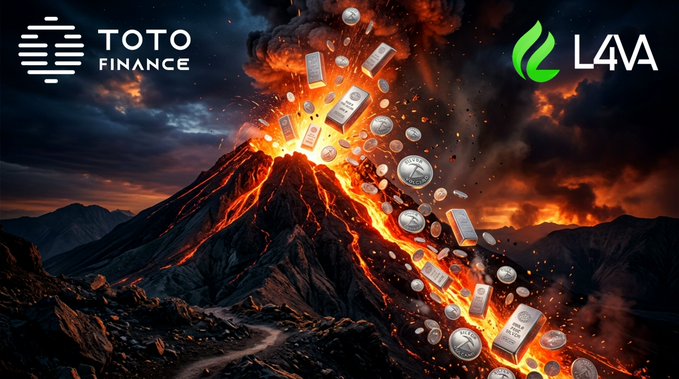 A dramatic promotional image featuring an erupting volcano spewing silver bars and coins, with logos for 'TOTO FINANCE' on the left and 'L4VA' on the right.