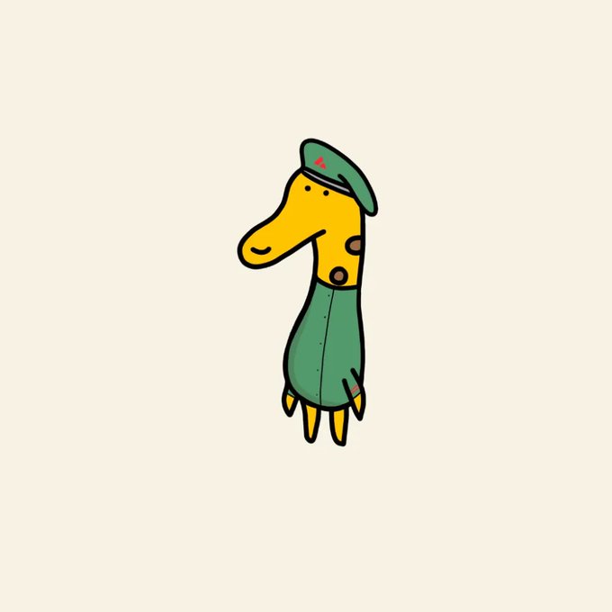 An illustration of a giraffe wearing a green military-style cap and uniform, looking to the side.