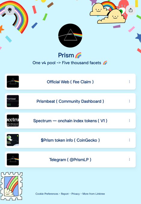 Prism project Linktree page with the tagline 'One v4 pool -> Five thousand facets', listing links to Official Web, Prismbeat Community Dashboard, Spectrum onchain index tokens, $Prism token info on CoinGecko, and Telegram.