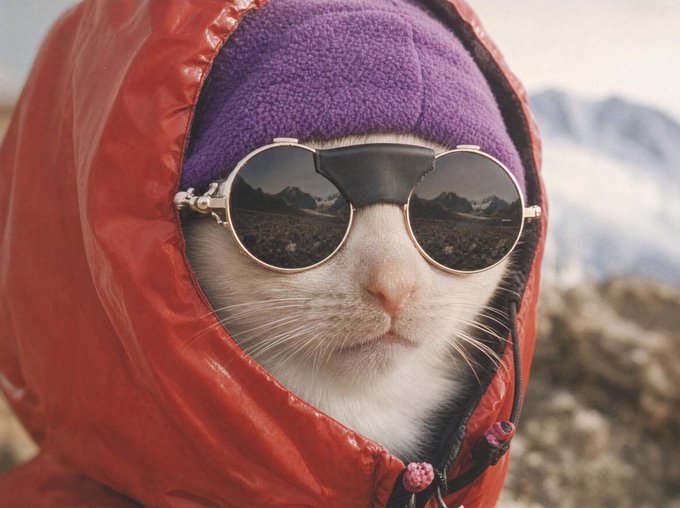 A white cat bundled in a red hooded jacket, purple beanie, and round aviator sunglasses stands before a mountain landscape, giving the impression of a rugged explorer. The post uses this adventurous "mountain cat" imagery as a metaphor for a "cash cat" token launchpad project, suggesting the venture is well-prepared for a successful expedition into the crypto ecosystem.