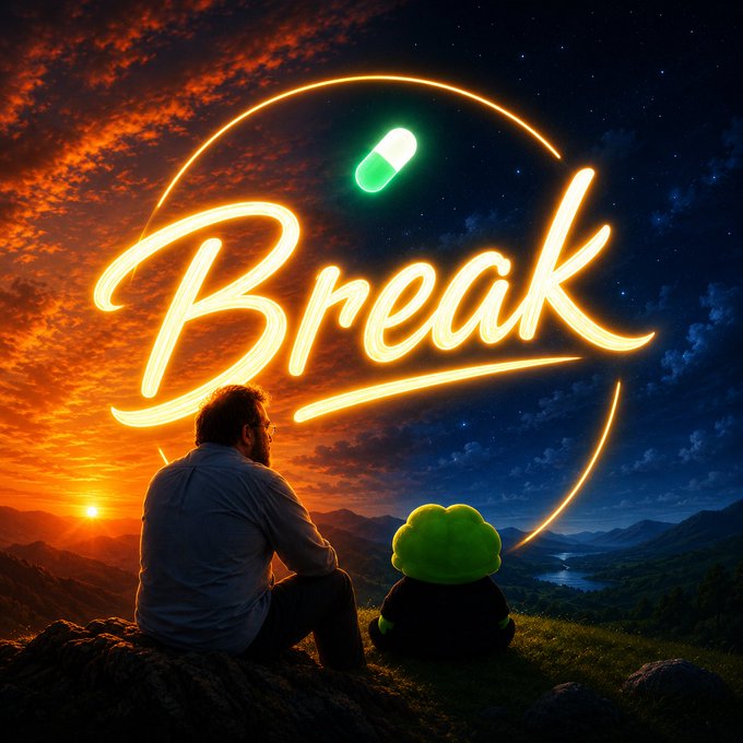 The image features a man sitting on a rock, looking at the sunset with a green pill floating above him. The background of the photo shows a beautiful sunset over mountains, creating an atmosphere of relaxation and tranquility. The caption for this image reads "Just launched in Solana: CA 2QtzAg55npRkvbAf2YyfaTKq84a98S5DRVUSxK2Jpump Prepare your Sol we gonna fly!".
