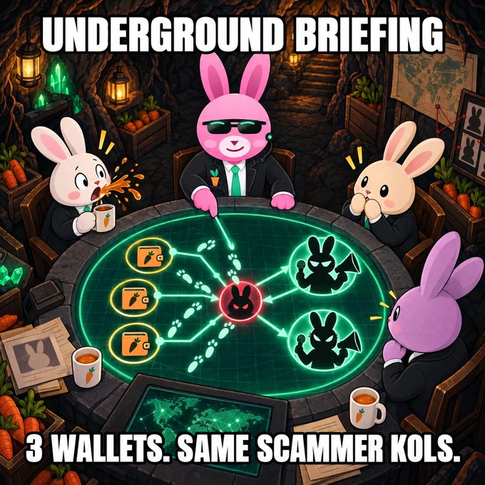 A cartoon illustration titled 'UNDERGROUND BRIEFING' shows bunny characters in suits around a holographic table with the caption '3 WALLETS. SAME SCAMMER KOLS.'