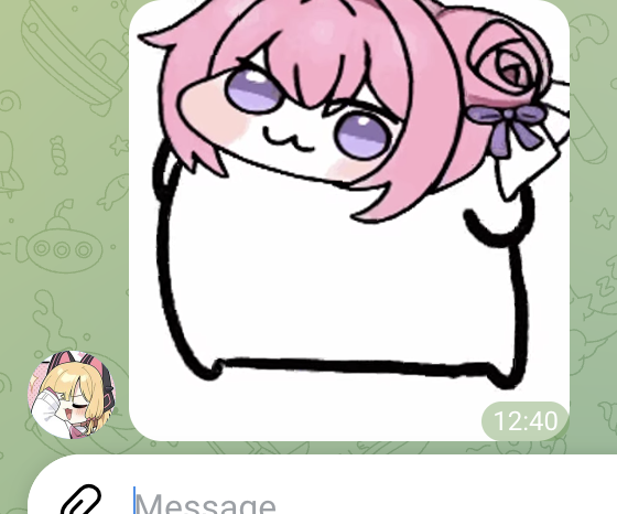 A chibi-style Telegram sticker of a pink-haired anime girl with purple eyes and a smug expression fills the chat window, sent at 12:40 to a user who opened the app to find this absurd, attention-grabbing meme image waiting for them.