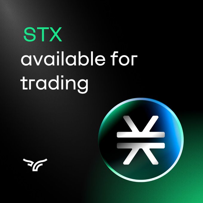 A sleek, dark promotional graphic featuring the text "STX available for trading" in green and white alongside a glowing green Stacks logo, announcing the listing of the $STX and $sBTC assets on the Bullish exchange with USDC and BTC trading pairs.
