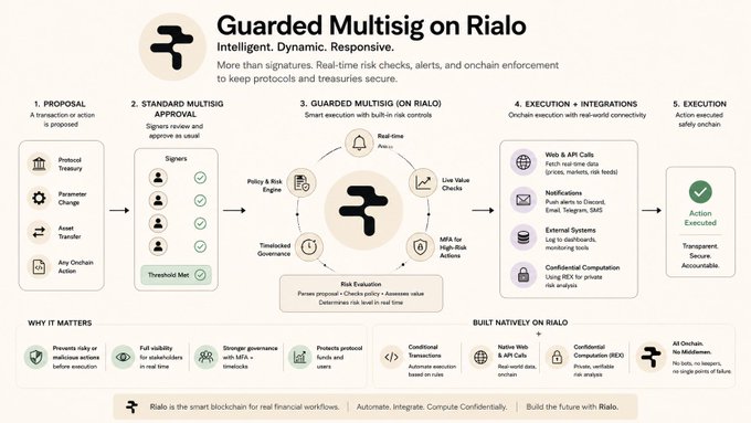 An infographic titled 'Guarded Multisig on Rialo' explaining a five-step transaction process (Proposal, Standard Multisig Approval, Guarded Multisig, Execution + Integrations, Execution) with risk evaluation and confidential computation features.