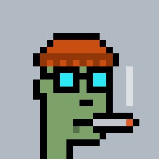 A pixel art illustration of a green character wearing an orange beanie and blue sunglasses, holding what appears to be a cigarette.