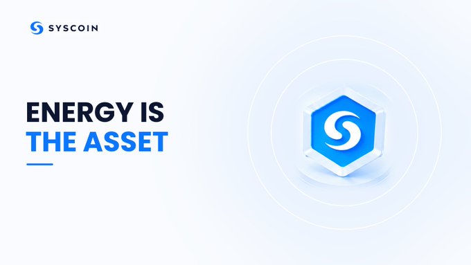A promotional graphic for Syscoin featuring the text 'ENERGY IS THE ASSET' alongside a blue hexagonal logo with an 'S' design.