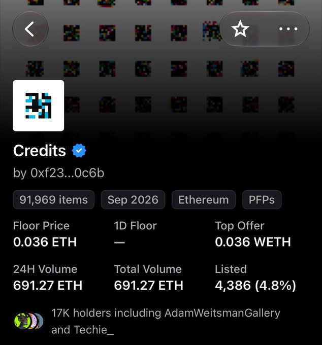 A mobile app interface displays an NFT collection called 'Credits' by 0xff23...0c6b, showing 91,969 items, a floor price of 0.036 ETH, and 691.27 ETH total volume.