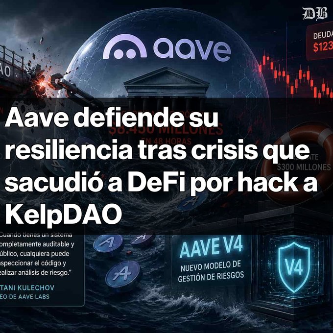 The image presents a collage of different images with the central one featuring an advertisement for a cryptocurrency called Aave, which has been attacked by hackers multiple times. The post provides a summary of some of the attacks that have taken place against Aave and its counterpart, the cryptocurrency exchange KelpDAO, including a Bitcoin theft incident involving Bitcoins worth $8,450 and a fictional $123,7 millon attack on Bitcoin that occurred between 48 hours and three days ago.