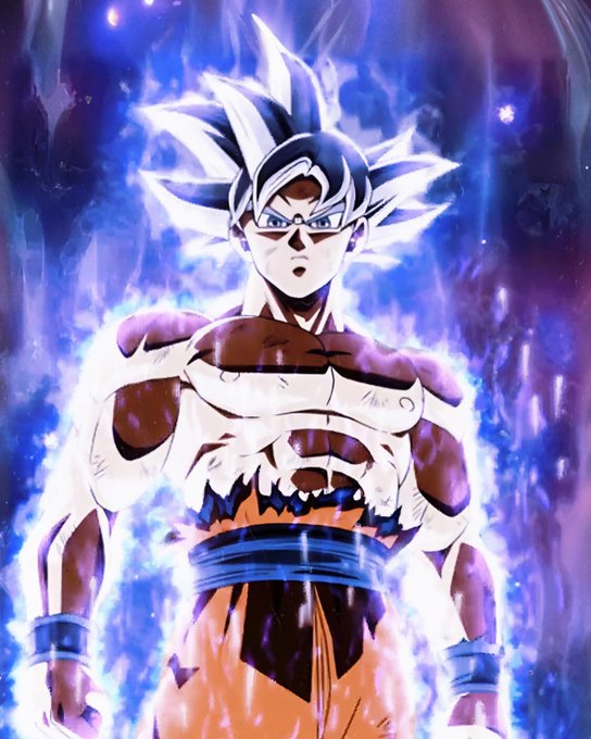 Anime artwork of Goku from Dragon Ball in his Ultra Instinct form, featuring silver hair and a glowing blue-purple aura surrounding his muscular battle-damaged body.
