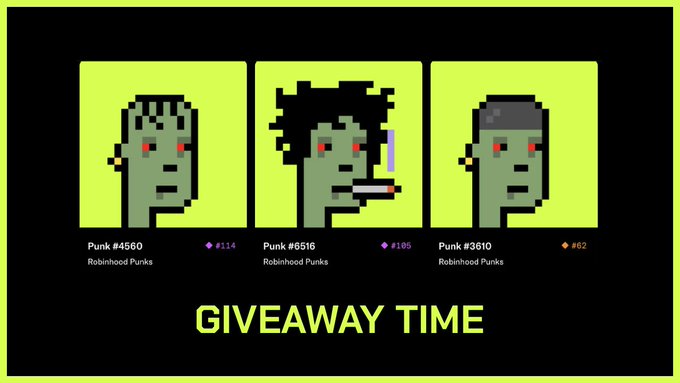 A neon green-bordered promotional graphic displays three pixelated "Robinhood Punks" (Zombie Punks #4569, #5516, and #3610) against a lime background, with the bold yellow text "GIVEAWAY TIME" announcing a contest where three winners will each receive one Zombie Punk NFT.