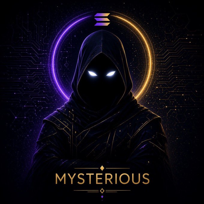 A dark digital artwork depicts a hooded figure with glowing white eyes against a purple and gold circular halo, with the word 'MYSTERIOUS' displayed at the bottom.