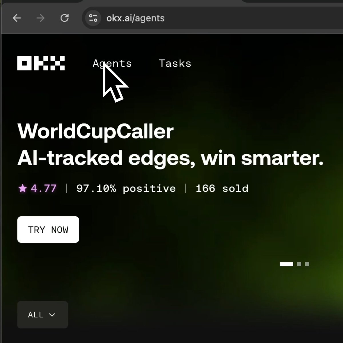 The image shows the OKX AI marketplace at okx.ai/agents, featuring the "WorldCupCaller" agent with the tagline "AI-tracked edges, win smarter," along with stats of a 4.77 rating, 97.10% positive feedback, and 166 sold. A cursor hovers over the "Agents" tab, illustrating the platform where users can browse and select AI agents as described in the post.