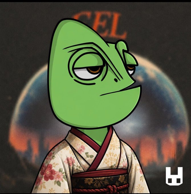 A Pepe-style green frog character wearing a floral kimono with a red sash stands in front of a dark background featuring a moon-like sphere and the partial text "GEL" in red, matching the post's announcement of a new 1/1 profile picture from the Peeps NFT collection.