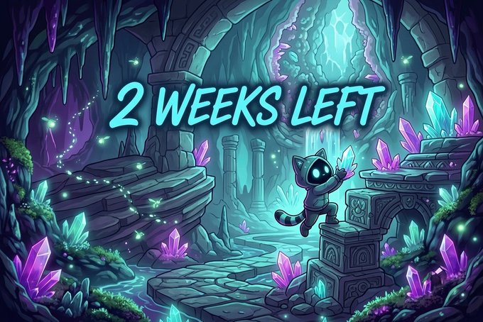 This image features a neon-signed "2 WEEKS LEFT" overlayed on a mystical cave scene with a cute cat-like character. It directly visualizes the countdown mentioned in the accompanying post for Season 16 of @junkfun_.