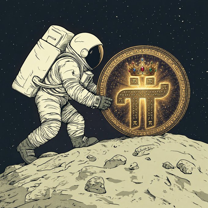An astronaut on a rocky lunar surface reaches out to touch a large golden coin emblazoned with multiple π symbols, a crown, and inscriptions, evoking the "Pi Network" cryptocurrency's ambitious tagline of journeying "to the moon."