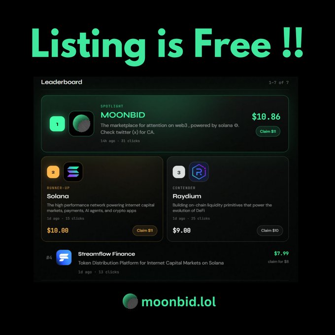 A promotional graphic for moonbid.lol featuring the text "Listing is Free !!" above a Leaderboard showing MOONBID in the #1 Spotlight spot at $10.86, with Solana (#2 at $10.00), Raydium (#3 at $9.00), and Streamflow Finance (#4 at $7.99) below.