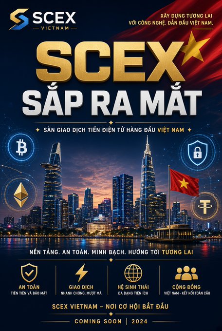 The image is a promotional poster for "SCEX Vietnam," announcing the upcoming launch ("SẮP RA MẮT") of a leading Vietnamese electronic currency exchange, featuring the city skyline of Ho Chi Minh City, cryptocurrency icons (Bitcoin, Ethereum, Tether), and the Vietnamese flag, with the tagline "Xây dựng tương lai với công nghệ, dẫn đầu Việt Nam" and a "Coming Soon | 2024" release. It visually supports the post's reveal of the leadership and capital behind the SCEX crypto asset exchange platform, where Nguyễn Xuân Thái (son of bầu Thụy) serves as Vice Chairman amid the company's charter capital surging from 6.8 billion to 360 billion VND.