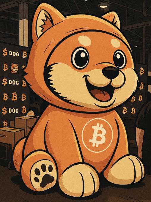 A cartoon illustration of an orange Shiba Inu-style dog wearing a Bitcoin logo shirt, surrounded by $DOG and Bitcoin symbols.