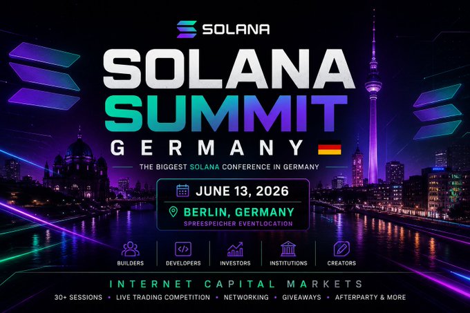 The image features a poster or banner advertising the Solana Summit Germany event that took place in June 13, 2006. The event was held in Berlin, Germany, and attracted participants from various backgrounds such as startups, investors, institutions, and creators. The poster highlights the main attractions of the summit, including the biggest Solana conference in Europe and a city skyline backdrop featuring the tallest tower in Berlin.

The text on the poster includes details about the event's location, date, and purpose, as well as some additional information such as "Internet Capital Markets" and "Live trading competition". The image also contains logos for other related events or companies that may be involved with the Solana Summit Germany.

Overall, the image effectively communicates the main aspects of the Solana Summit Germany event to potential attendees and viewers.