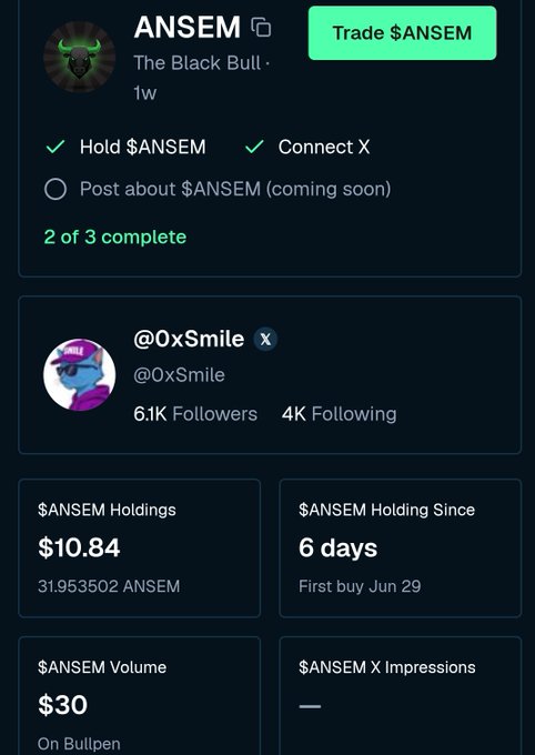 A trading dashboard displays ANSEM (The Black Bull) profile showing 2 of 3 tasks complete, with @0xSmile follower stats including $10.84 in $ANSEM holdings, 6 days holding since June 29, and $30 volume on Bullpen.