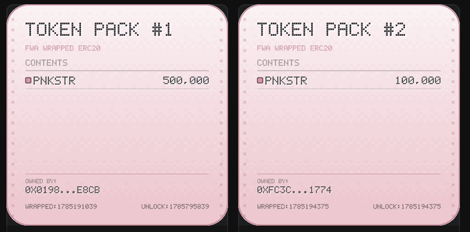 Pixel-art style pink cards displaying "TOKEN PACK #1" and "#2" showing wrapped ERC20 PNKSTR amounts of 500,000 and 100,000 tokens respectively, with owner addresses, wrapped block numbers (1785191039 and 1785194375), and unlock dates in 2027. The image visually showcases the new wrap/unwrap functionality for PNKSTR tokens mentioned in the post, demonstrating how users can create token packs with specific ERC20 amounts on Fake World Assets.