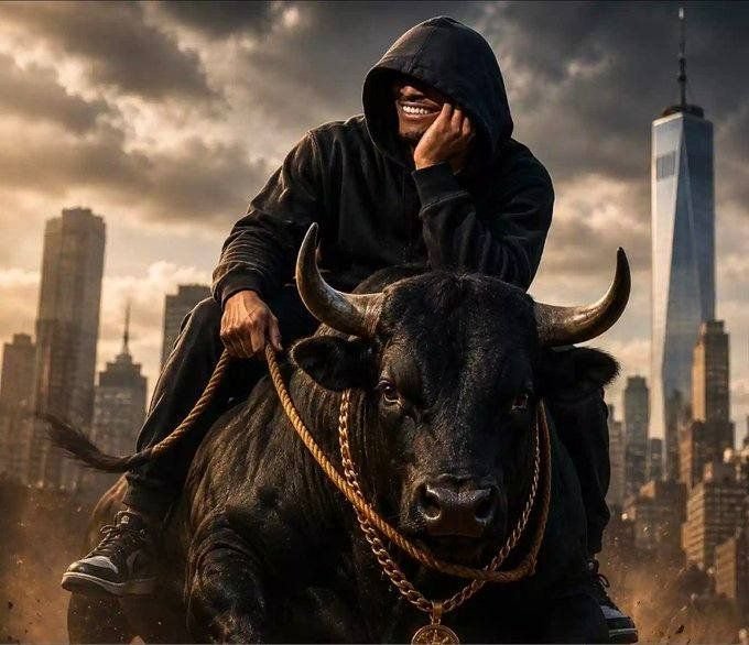 A hooded figure wearing a gold chain with a Bitcoin pendant rides a black bull through a city skyline, grinning with teeth showing. The image's bullish imagery aligns with the post's promotion of the "$Dealer" cryptocurrency token, symbolizing a "bull run" and riding the bull market.