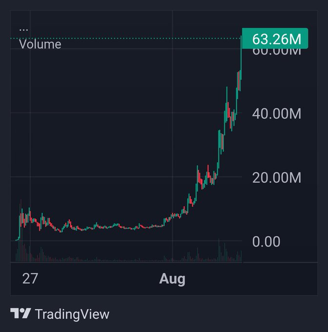 A TradingView candlestick chart shows $CATE's volume surging from around 0.00M on July 27 to a peak of 63.26M in early August, reflecting the rapid price appreciation and meme-driven hype behind the "everyone buys at the price they deserve" sentiment.