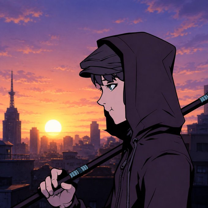 An anime-style illustration of a hooded character with dark hair holding a staff, silhouetted against a vibrant orange and purple sunset over a city skyline featuring Tokyo Tower.