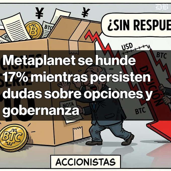 A cartoon illustration shows a sweating businessman panicking next to a cardboard box filled with Bitcoin coins and documents, with a red downward arrow; overlaid Spanish text reads 'Metaplanet se hunde 17% mientras persisten dudas sobre opciones y gobernanza' and 'ACCIONISTAS', with 'SIN RESPUE...' visible.