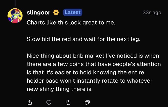 A Discord post by verified user "slingoor" sharing BNB market alpha, advising to "slow bid the red and wait for the next leg," noting that strong holder conviction makes rotation to new coins less likely.