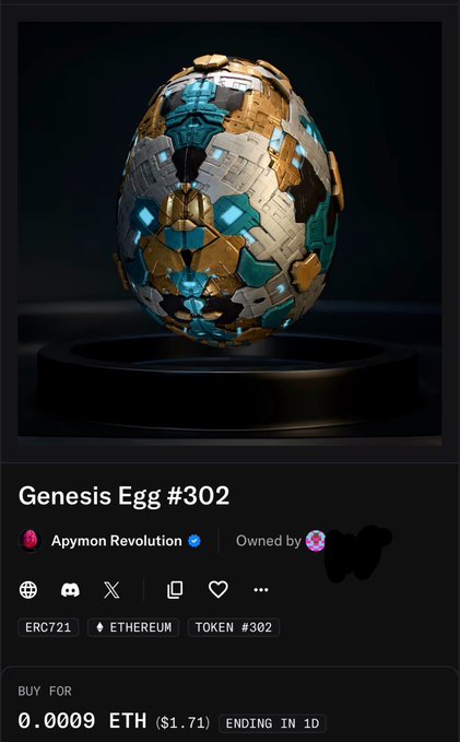 A screenshot of an NFT marketplace listing for 'Genesis Egg #302' from 'Apymon Revolution', currently 'BUY FOR 0.0009 ETH ($1.71) ENDING IN 1D'.