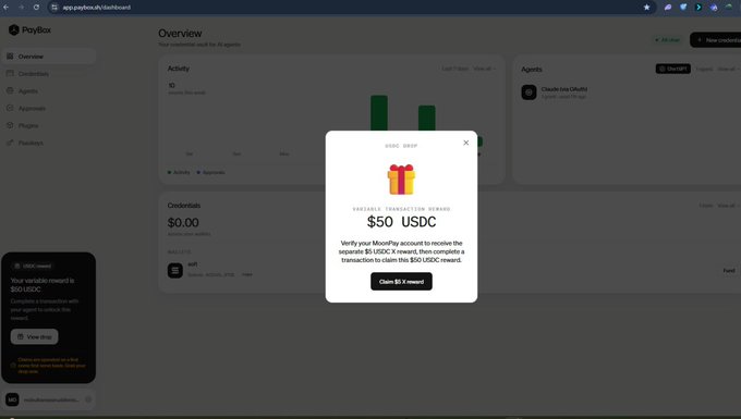 A screenshot of a PayBox dashboard showing a successful transaction reward of $50 USDC for verifying a MoonPay account, with a notification on the left indicating '$50 USDC: Your variable reward is $50 USDC'.