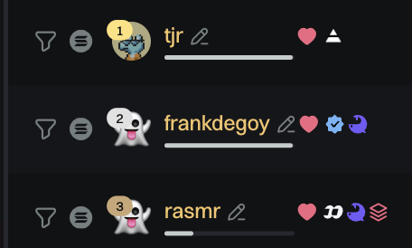A social media ranking showing 'tjr' in first place with a heart, 'frankdegoy' second with a heart, and 'rasmr' third with a heart.